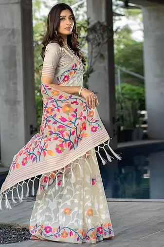 white Soft Cotton Jamdani Saree With Blouse 