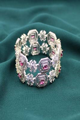 Rhodium plated red onyx stone zircon studded slide bangles  set of 2 1