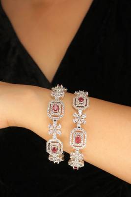 Rhodium plated red onyx stone zircon studded slide bangles  set of 2 2