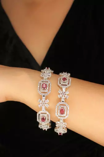 Rhodium plated red onyx stone zircon studded slide bangles  set of 2