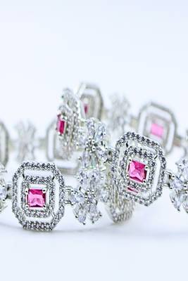 Rhodium plated red onyx stone zircon studded slide bangles  set of 2 3