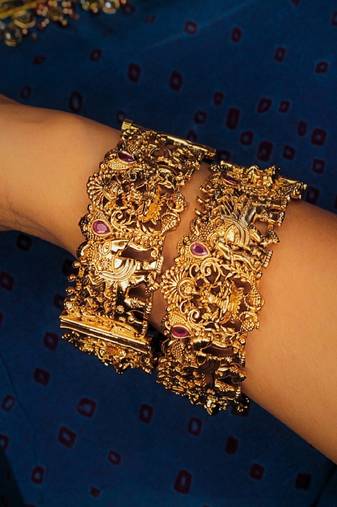 Gold-plated goddess laxmi temple kada bangles  set of 2