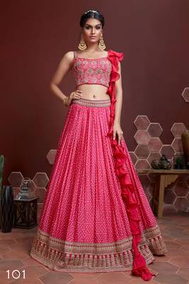 Pink Embroidery and Print Work Art Silk Lehenga with Blouse Semi Stitched 1