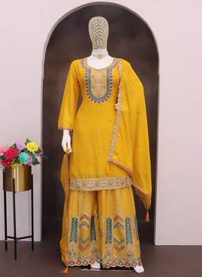 Yellow chinon silk embroidered designer palazzo suit 3