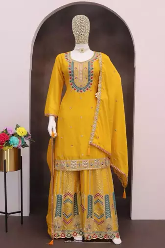 Yellow chinon silk embroidered designer palazzo suit