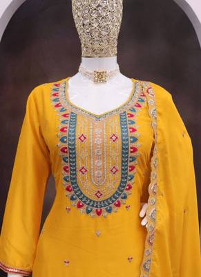 Yellow chinon silk embroidered designer palazzo suit 4