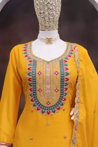 Yellow chinon silk embroidered designer palazzo suit