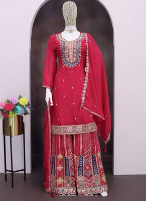 Rani pink chinon silk embroidered designer palazzo suit 3