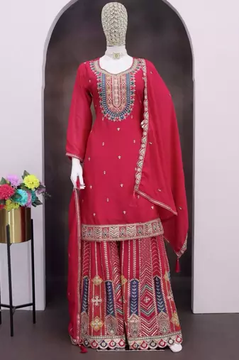 Rani pink chinon silk embroidered designer palazzo suit