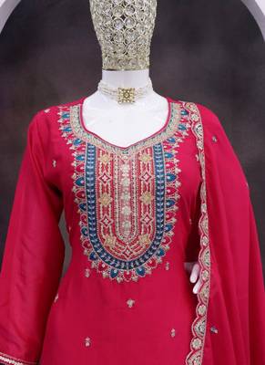 Rani pink chinon silk embroidered designer palazzo suit 4