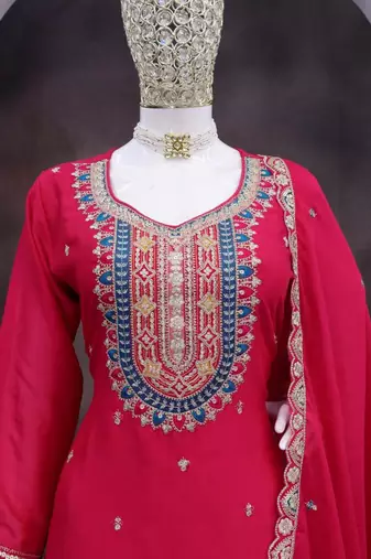 Rani pink chinon silk embroidered designer palazzo suit