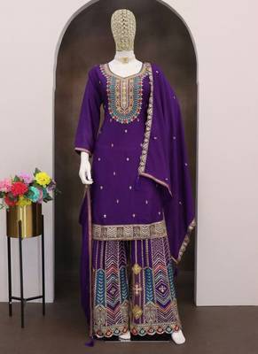 Violet chinon silk embroidered designer palazzo suit 3