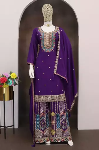 Violet chinon silk embroidered designer palazzo suit