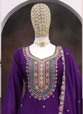 Violet chinon silk embroidered designer palazzo suit 4