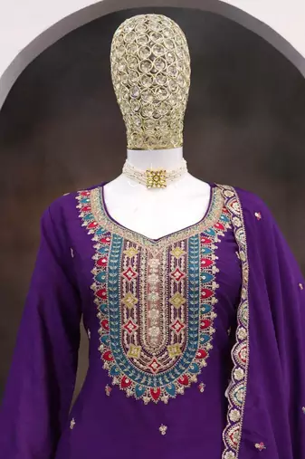Violet chinon silk embroidered designer palazzo suit