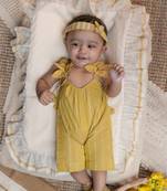 Yellow striped romper with fast kara adjustable straps.