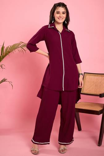 Women purple lace detailing hi-low co-ord set