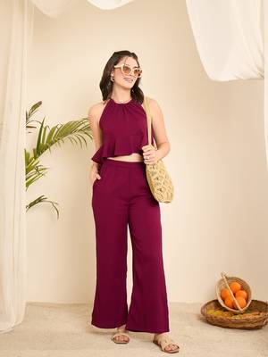 Winered women purple halter neck crop top and pant co-ord set 1