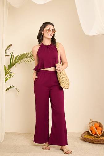 Winered women purple halter neck crop top and pant co-ord set