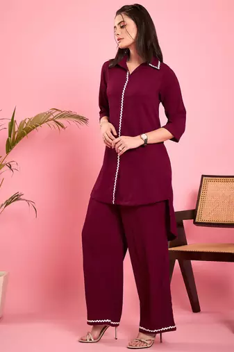 Women purple lace detailing hi-low co-ord set