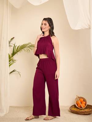 Winered women purple halter neck crop top and pant co-ord set 2