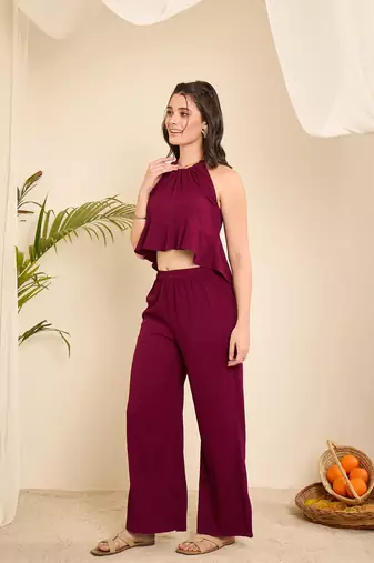 Winered women purple halter neck crop top and pant co-ord set