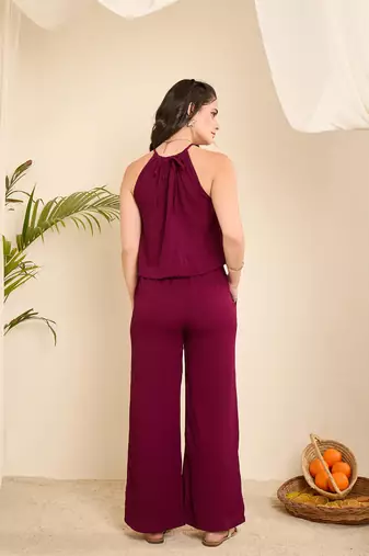 Winered women purple halter neck crop top and pant co-ord set