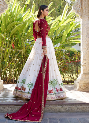 Off- White And Maroon Georgette Embroidered Work Lehenga Choli  2