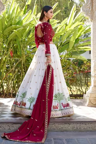 Off- White And Maroon Georgette Embroidered Work Lehenga Choli 
