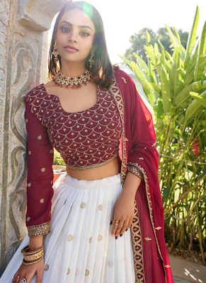 Off- White And Maroon Georgette Embroidered Work Lehenga Choli  3