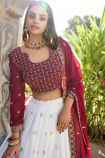 Off- White And Maroon Georgette Embroidered Work Lehenga Choli 