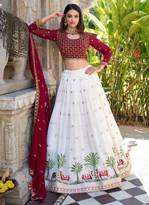 Off- White And Maroon Georgette Embroidered Work Lehenga Choli  1