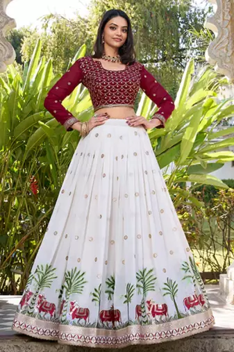 Off- White And Maroon Georgette Embroidered Work Lehenga Choli 