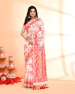 Women's off white red cotton silk jamdani saree without blouse 1