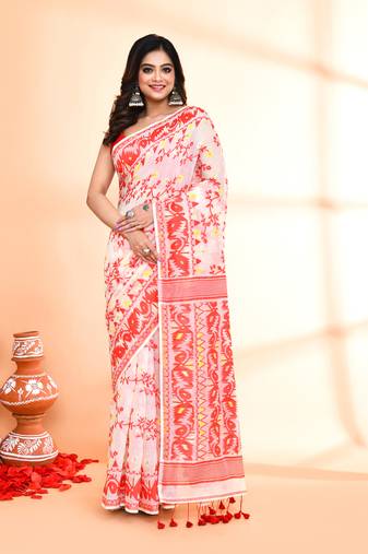Women's off white red cotton silk jamdani saree without blouse