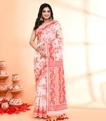 Women's off white red cotton silk jamdani saree without blouse