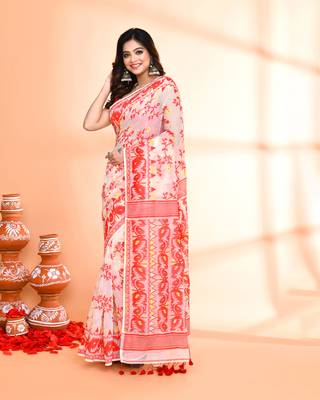 Women's off white red cotton silk jamdani saree without blouse 2
