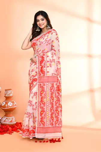 Women's off white red cotton silk jamdani saree without blouse