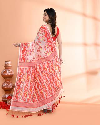 Women's off white red cotton silk jamdani saree without blouse 3