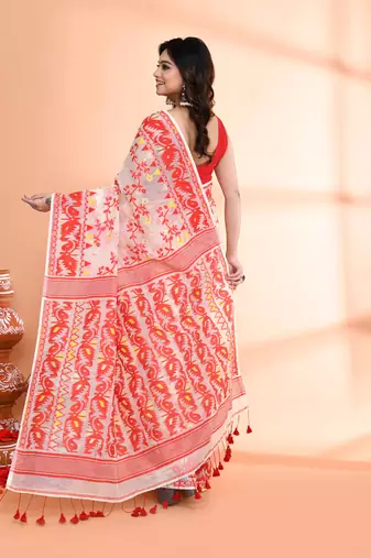 Women's off white red cotton silk jamdani saree without blouse