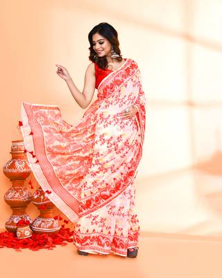 Women's off white red cotton silk jamdani saree without blouse 4