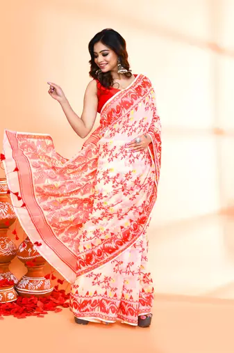 Women's off white red cotton silk jamdani saree without blouse