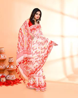 Women's off white red cotton silk jamdani saree without blouse 5