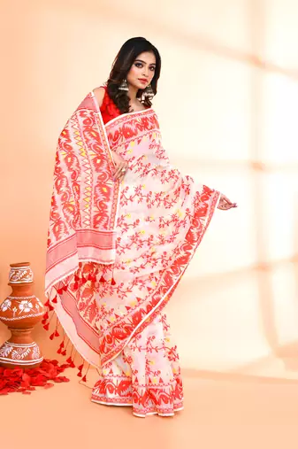 Women's off white red cotton silk jamdani saree without blouse