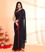 Red border black mulmul cotton saree with tassels without blouse