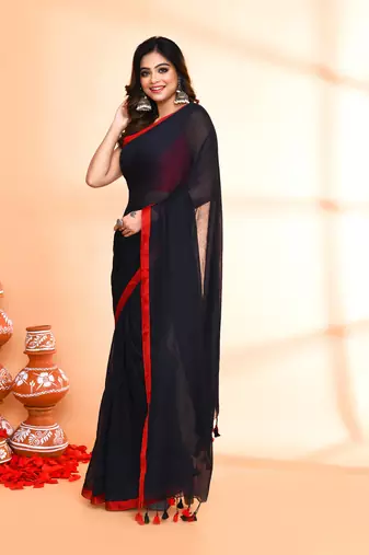 Red border black mulmul cotton saree with tassels without blouse