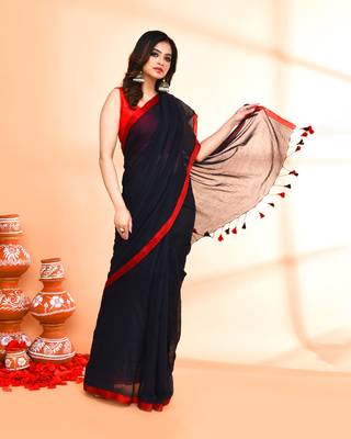Red border black mulmul cotton saree with tassels without blouse 3