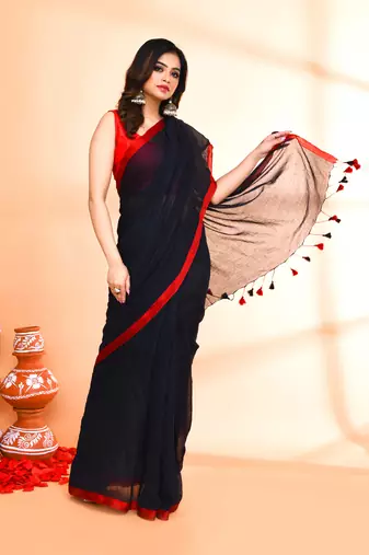 Red border black mulmul cotton saree with tassels without blouse