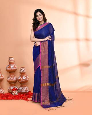 cotton silk royel blue handloom saree with blouse piece 1