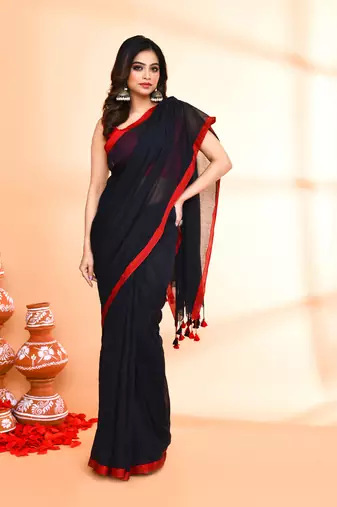 Red border black mulmul cotton saree with tassels without blouse